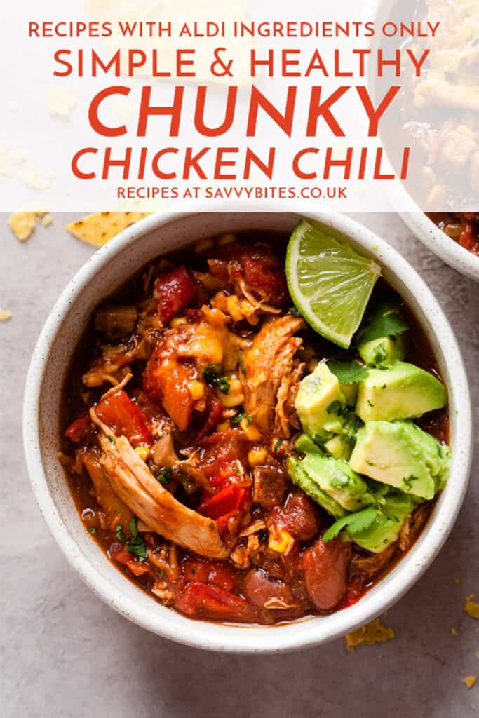bowls of easy chicken chili on a white table with text overlay