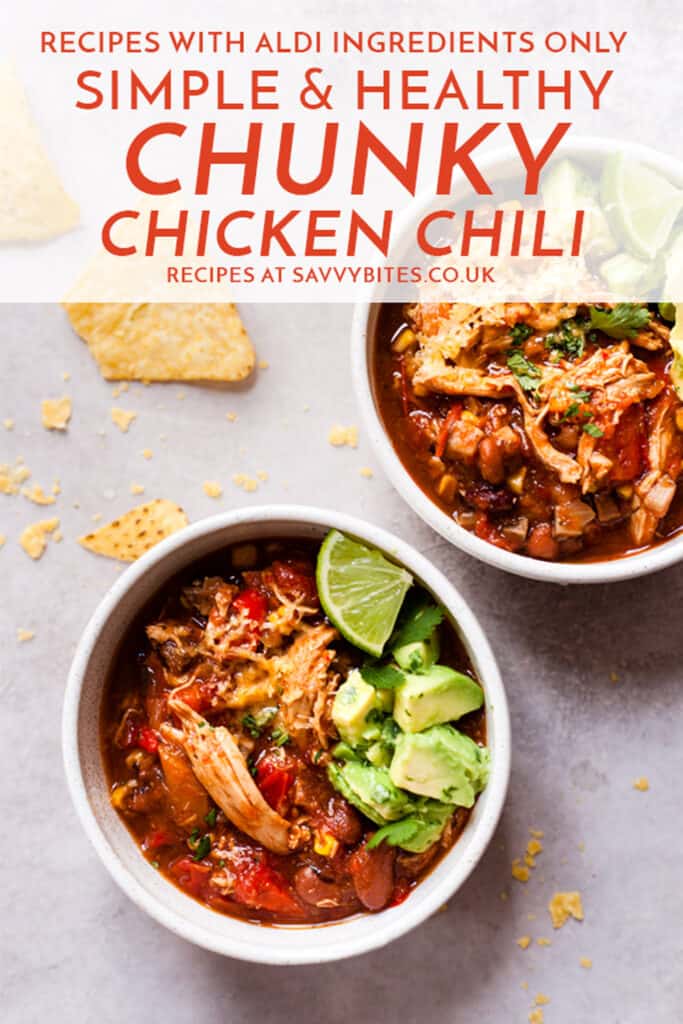 bowls of easy chicken chili on a white table with text overlay