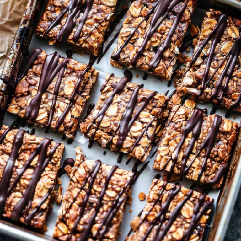 Chocolate flapjacks drizzled with melted chocolate on a baking tray.