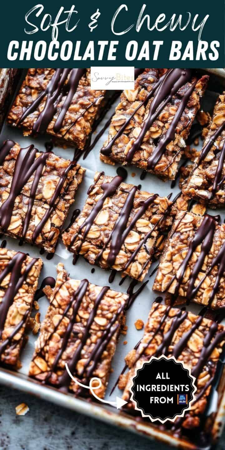 Chocolate flapjacks on a baking tray with melted chocolate drizzle.