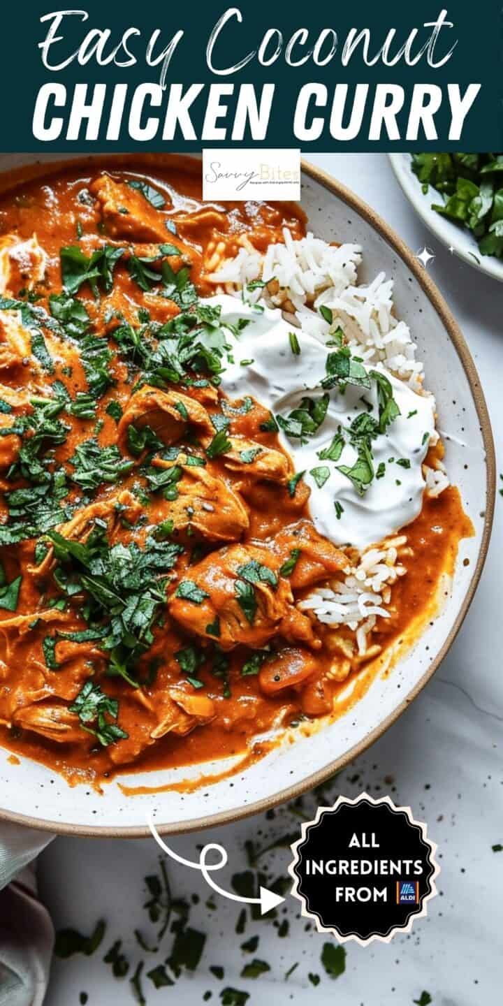 Creamy coconut chicken curry with herbs and yogurt in a bowl.