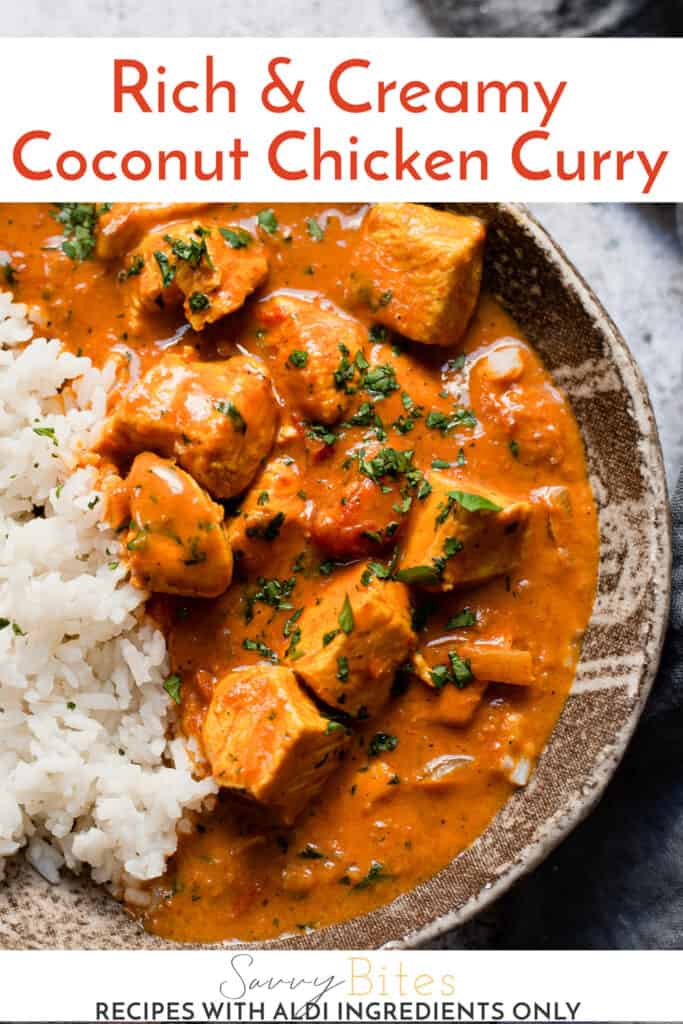 Coconut chicken curry in a brown bowl with text overlay.