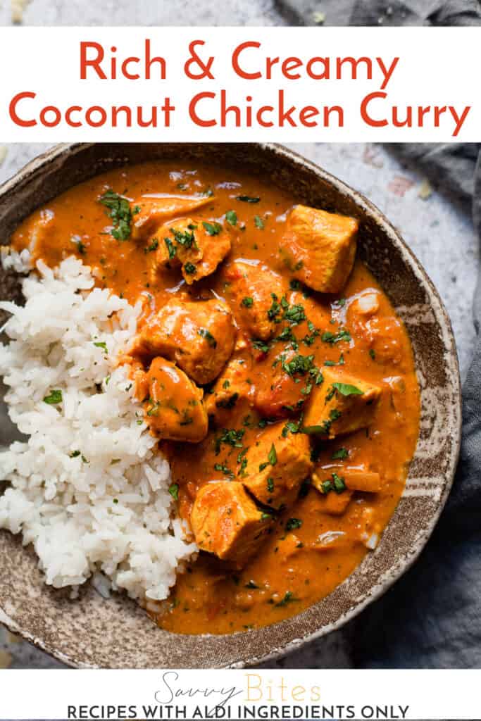 Coconut chicken curry in a brown bowl with text overlay.