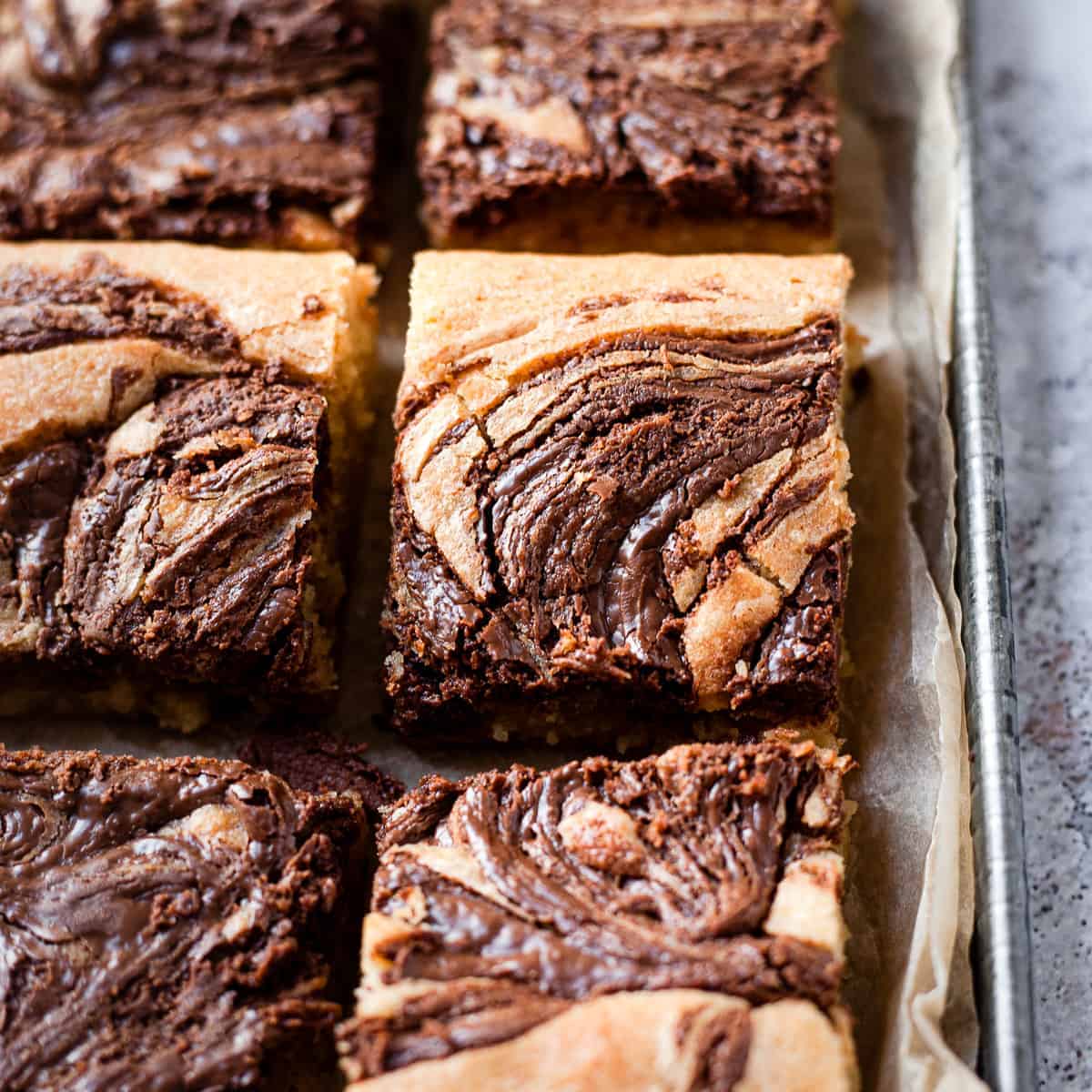 Nutella blondies in a baking tray.