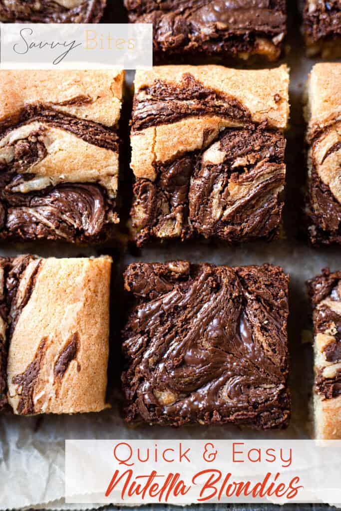 Nutella blondies in a baking tray with text overlay