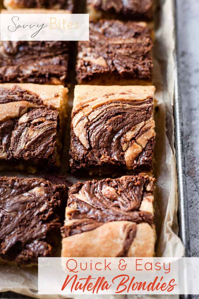 Nutella blondies in a baking tray with text overlay