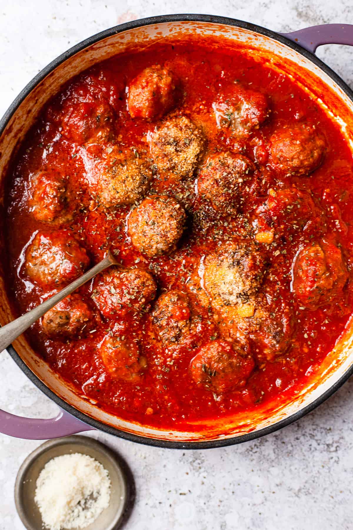 Italian meatballs in tomato sauce in a pan