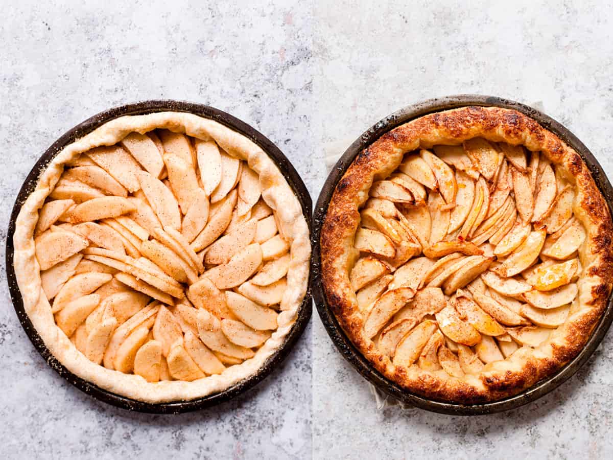 Puff pastry apple tart in a pie shell with a sprinkle of sugar over top.