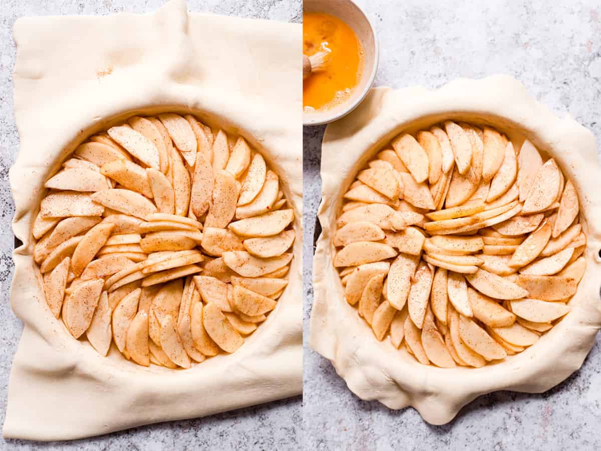 Sliced apples in a puff pastry ready for baking.