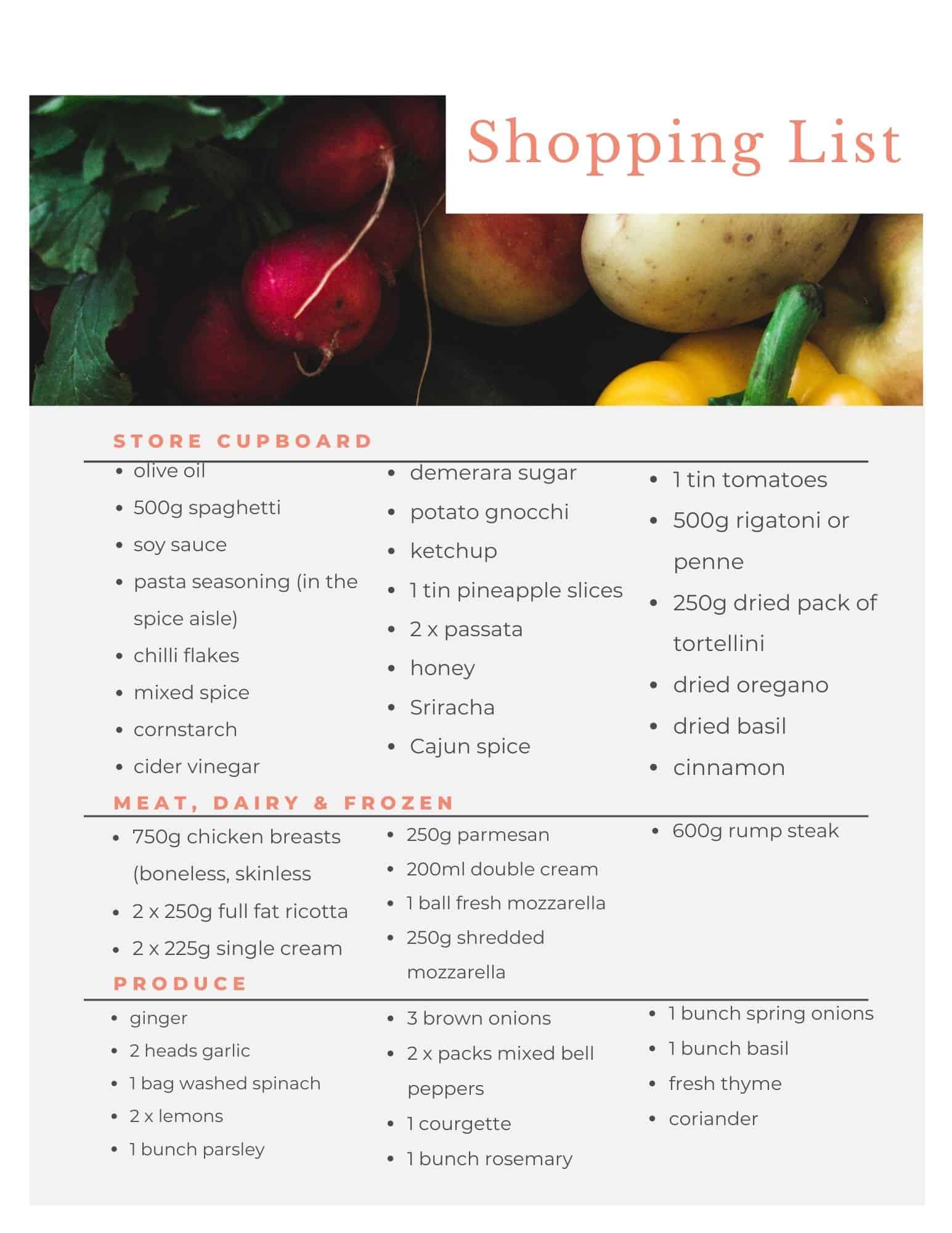 Aldi budget meal plan shopping list.