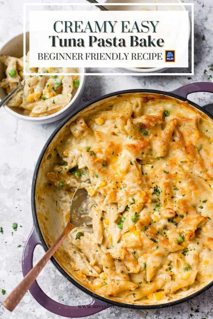 Creamy tuna pasta bake with cheese topping.