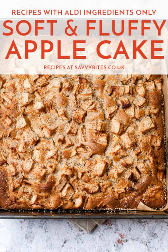 Apple cake in a baking tin with sugar topping and text overlay.