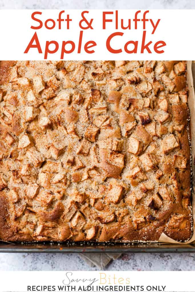 Apple cake in a baking tin with sugar topping and text overlay.