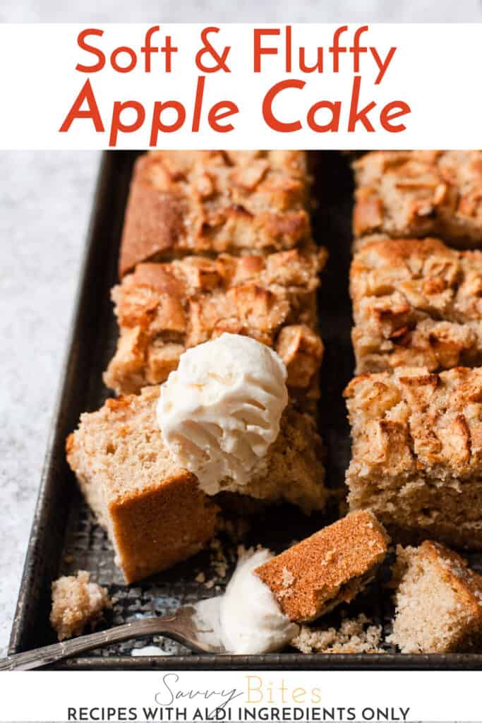 Apple cake in slices on a baking tray with ice cream & text overlay.