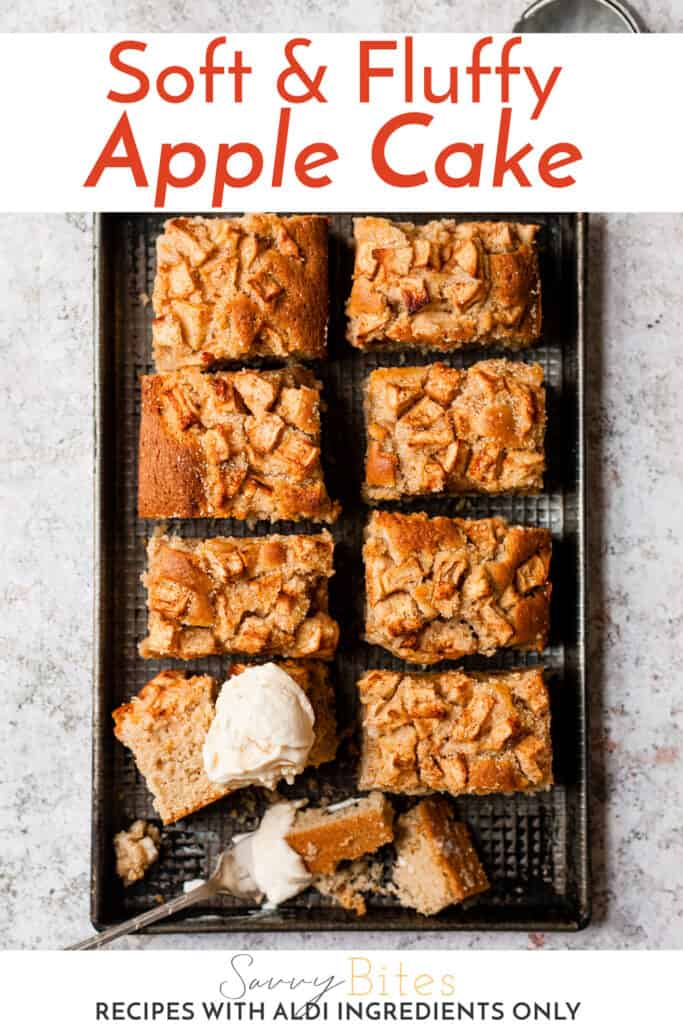 Apple cake in slices on a baking tray with text overlay.