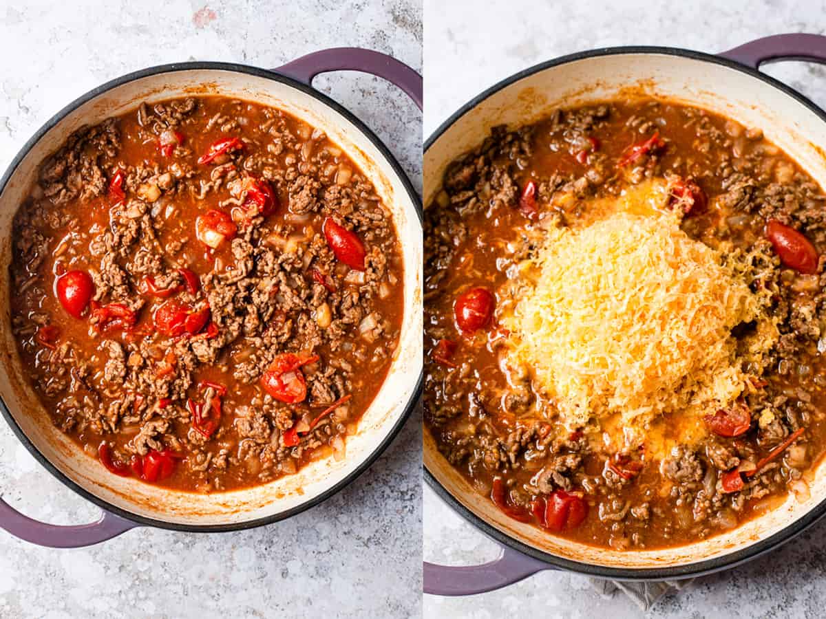 Cheese being added to ground beef in a pan.