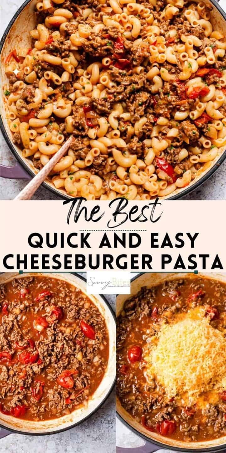 Cheeseburger pasta in a skillet with text overlay.