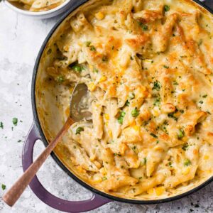 creamy tuna pasta bake with a spoon in it.