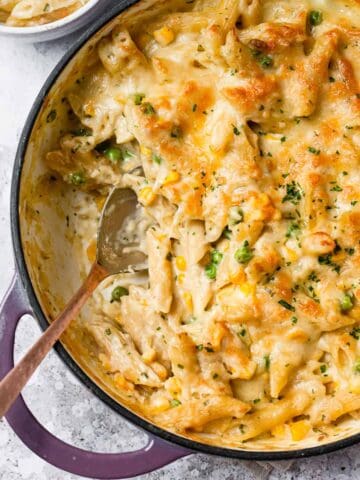 creamy tuna pasta bake with a spoon in it.