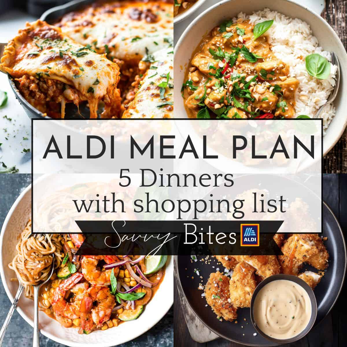 Collage of healthy Aldi recipes for the budget meal plan.