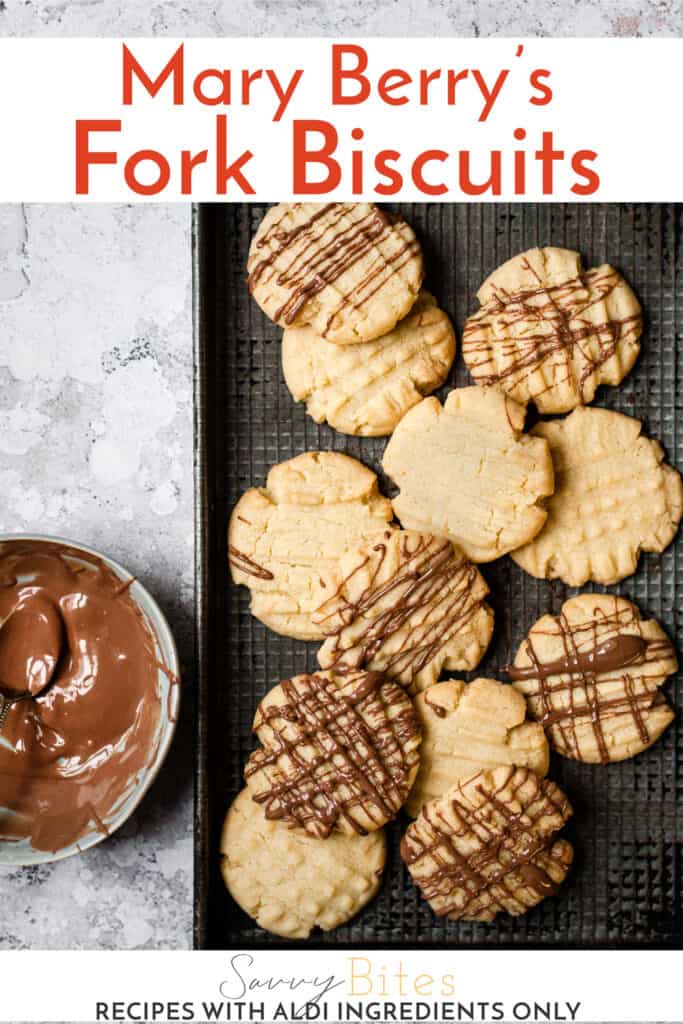 chocolate drizzled fork biscuits with text overlay.