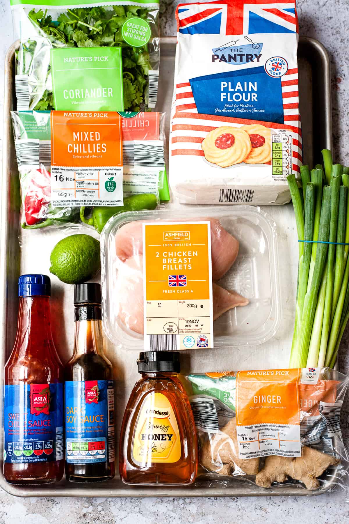 Aldi ingredients for making honey chilli chicken.