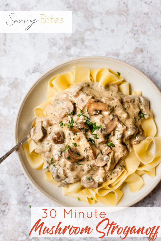 This vegetarian Mushroom Stroganoff recipe is quick and easy to make in about 30 minutes, and it is perfectly comforting, hearty, savoury, and delicious. Feel free to serve over egg noodles, traditional pasta, quinoa, veggies, or whatever you've got on hand. All ingredients from Aldi. Budget meals, meal planning, cheap, healthy dinners.