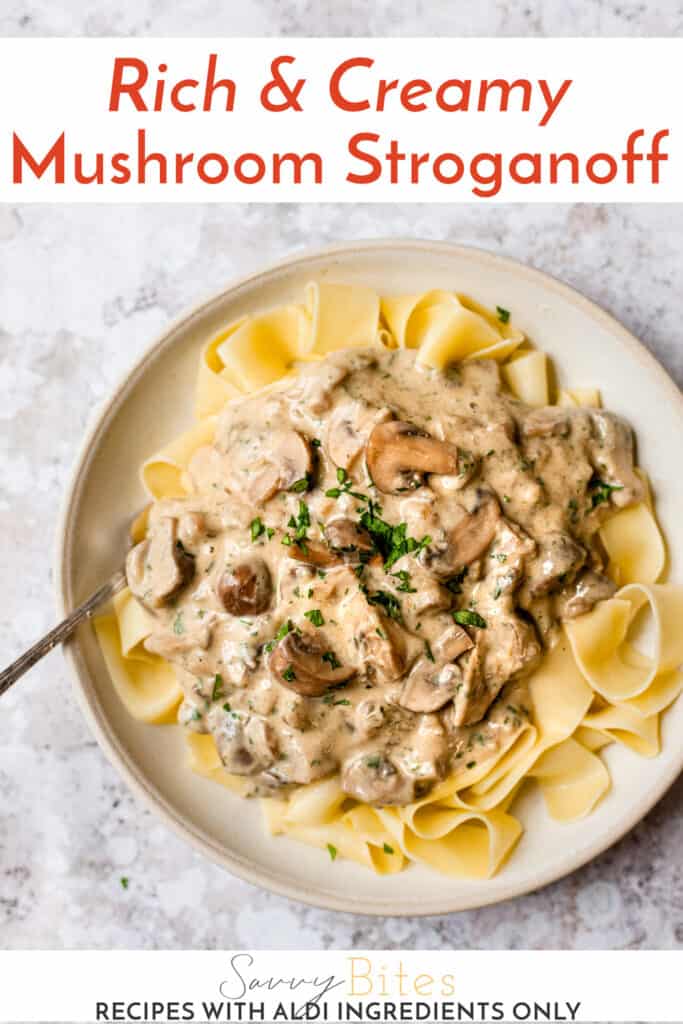 This vegetarian Mushroom Stroganoff recipe is quick and easy to make in about 30 minutes, and it is perfectly comforting, hearty, savoury, and delicious. Feel free to serve over egg noodles, traditional pasta, quinoa, veggies, or whatever you've got on hand. All ingredients from Aldi. Budget meals, meal planning, cheap, healthy dinners.
