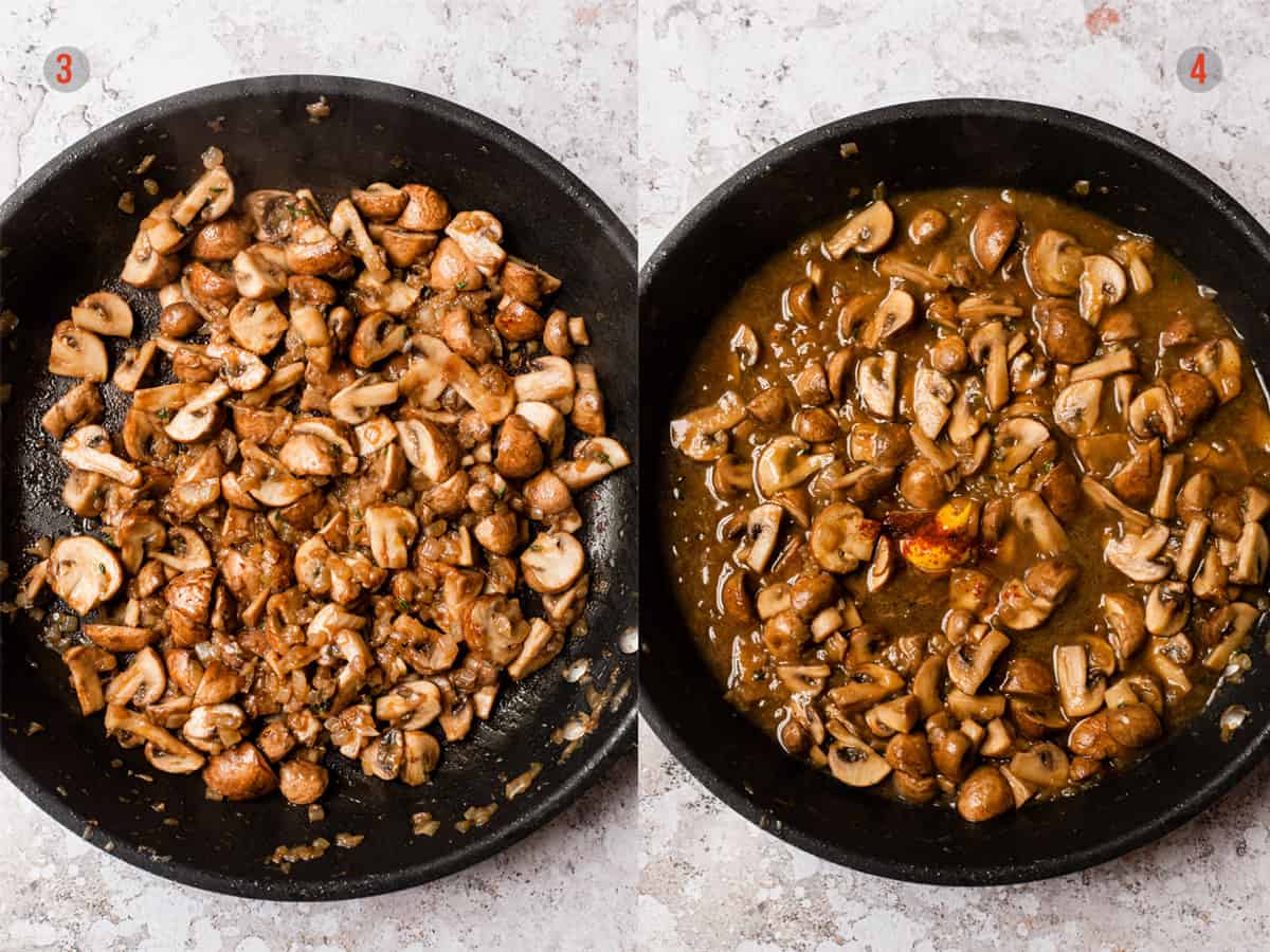 Mushrooms and onion in a pan & mushrooms in a pan with mustard and paprika.