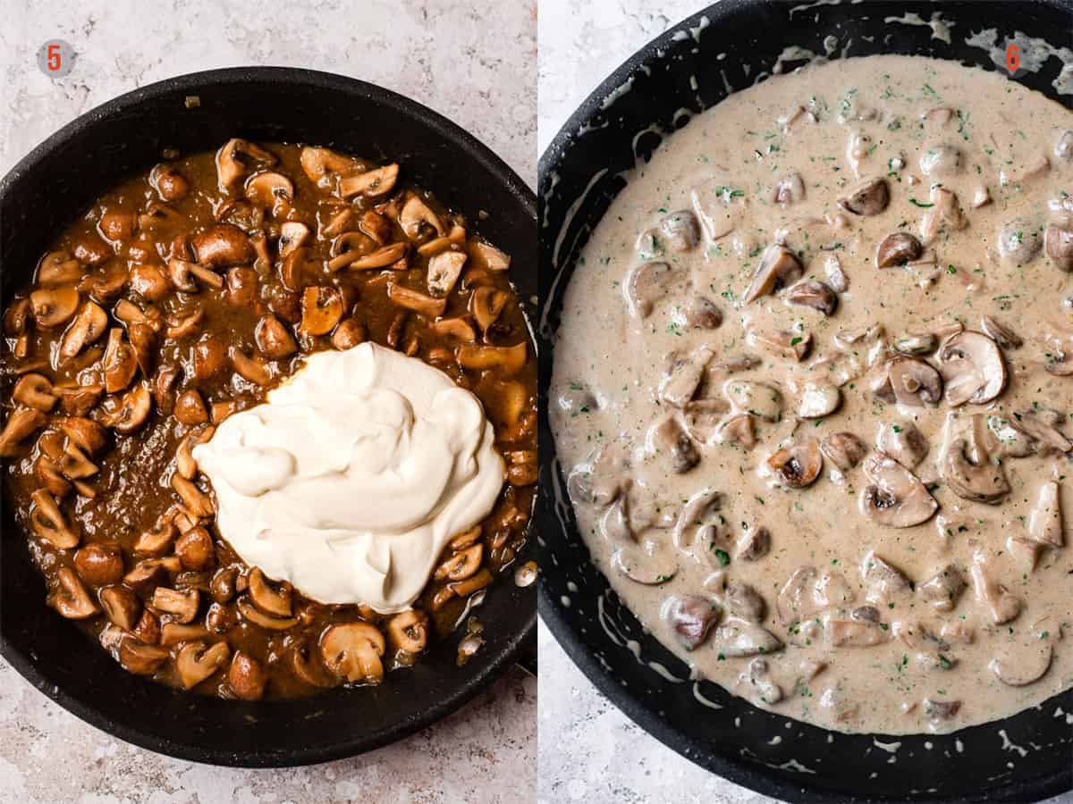 Mushrooms pan fried with vegetable stock and with sour cream added.