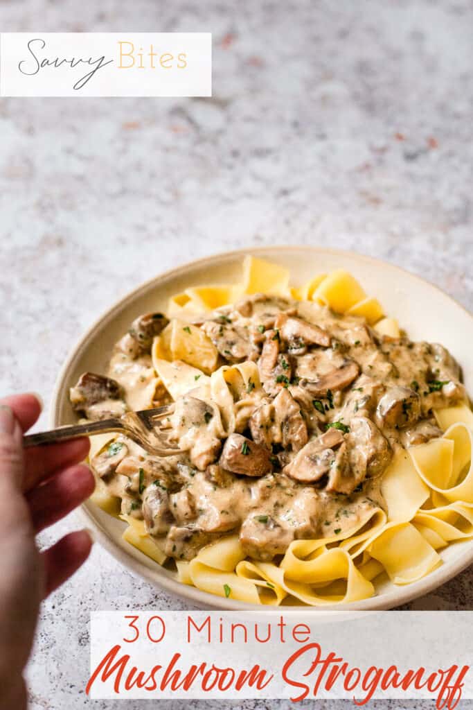Easy mushroom stroganoff in a white bowl with text overlay.
