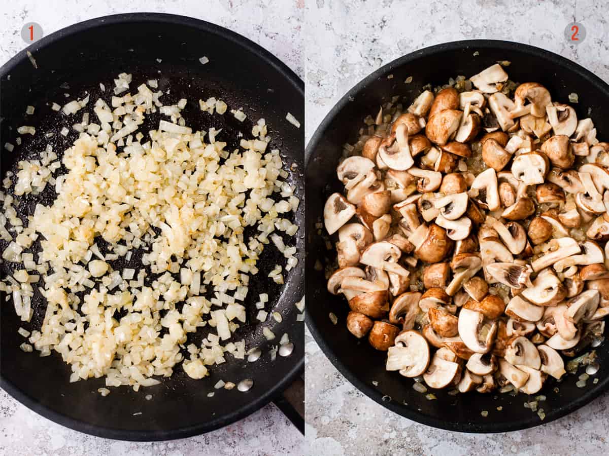 Onions and garlic in a pan & mushrooms added in.