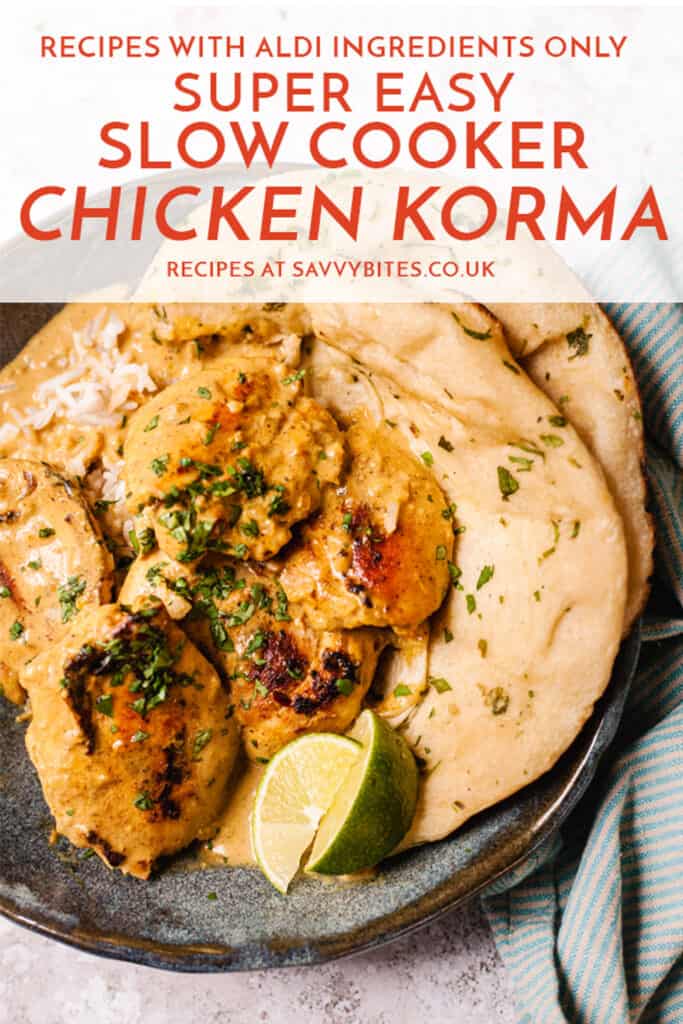 slow cooker chicken korma in a blue bowl with a fork with text overlay.