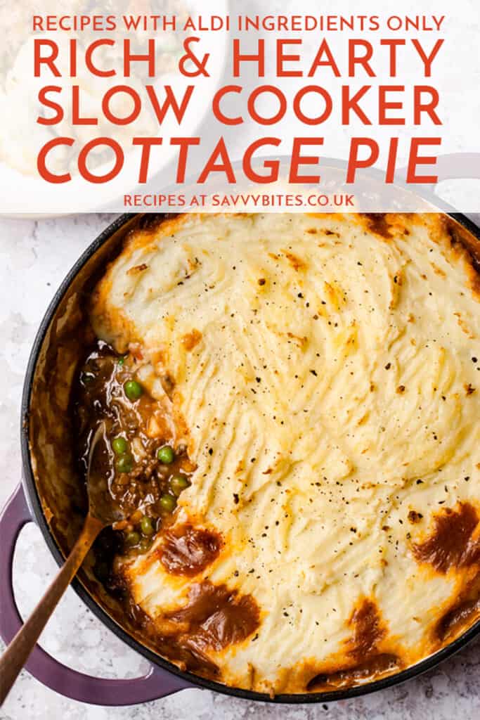Cottage pie on a white table with a fork. text overlay.