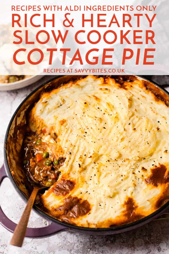 Cottage pie on a white table with a fork. text overlay.