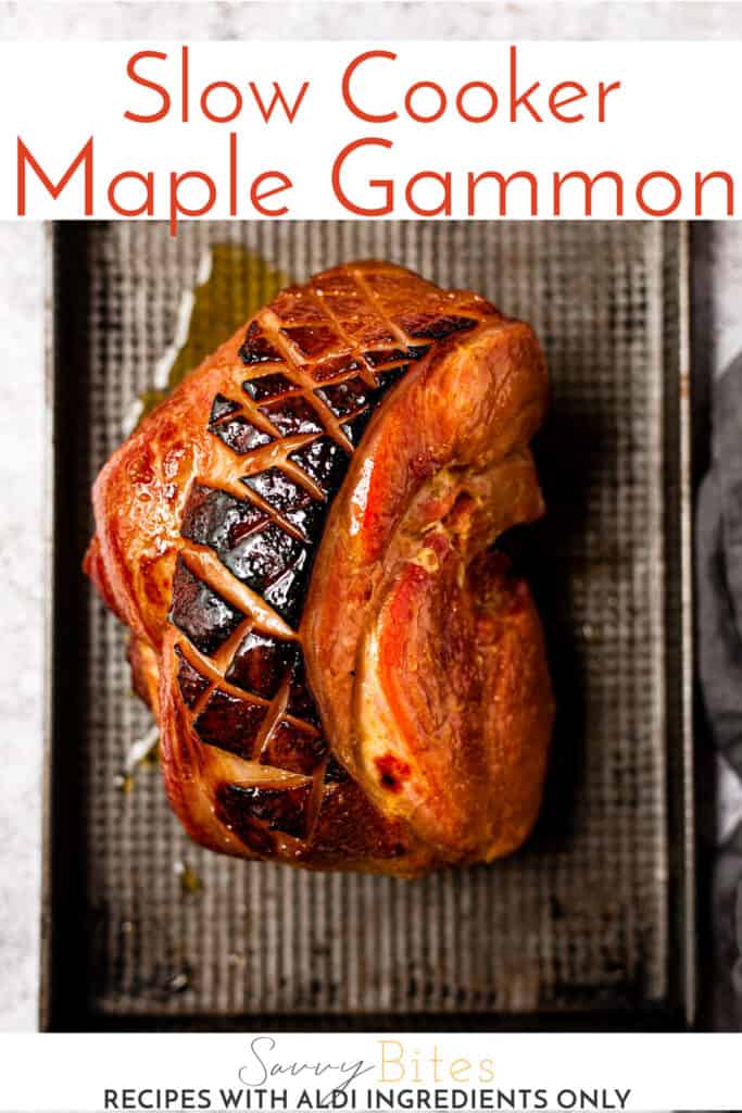 Sliced slow cooker gammon with text overlay.