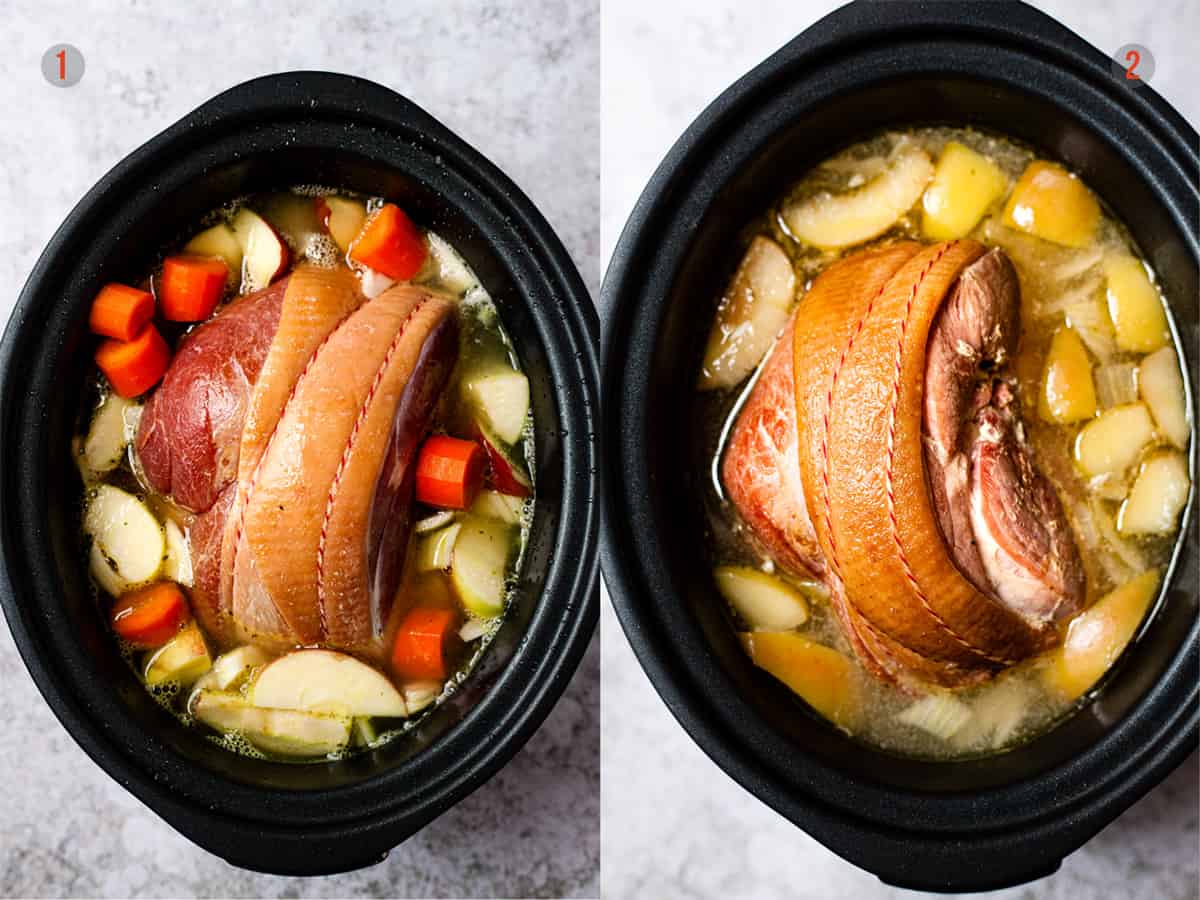 A gammon joint in the slow cooker with cider and apples for adding flavor.