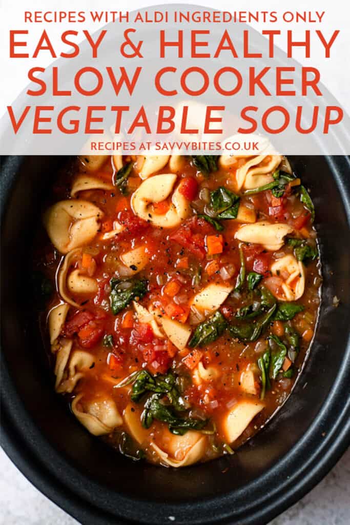 Vegetable soup in a slow cooker. with text overlay.