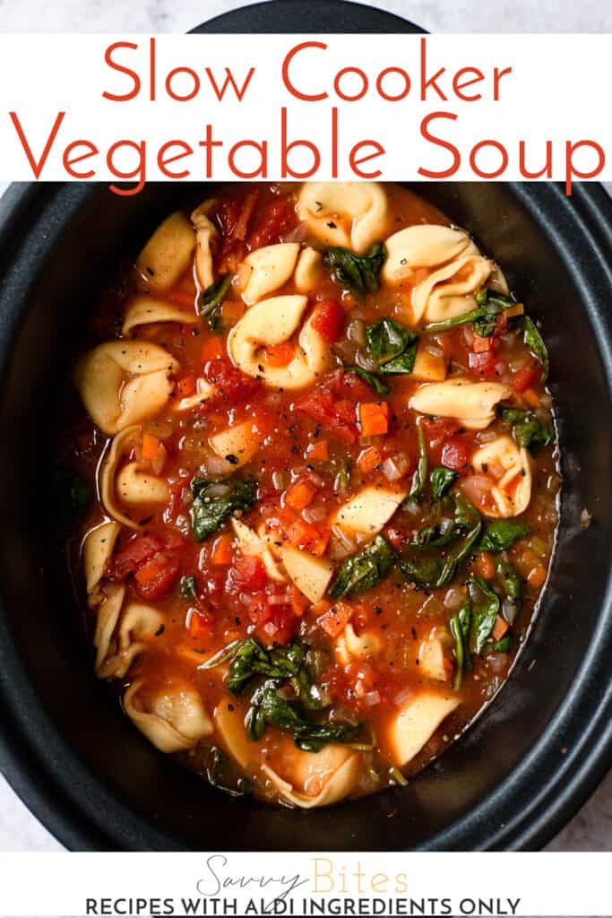 Vegetable soup in a slow cooker. with text overlay.