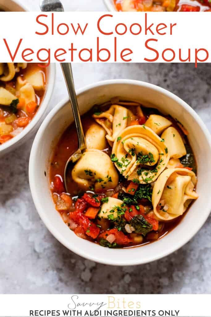 Vegetable soup in white bowls with a napkin and text overaly.