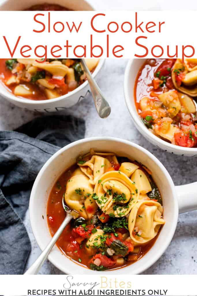 Vegetable soup in white bowls with a napkin and text overaly.