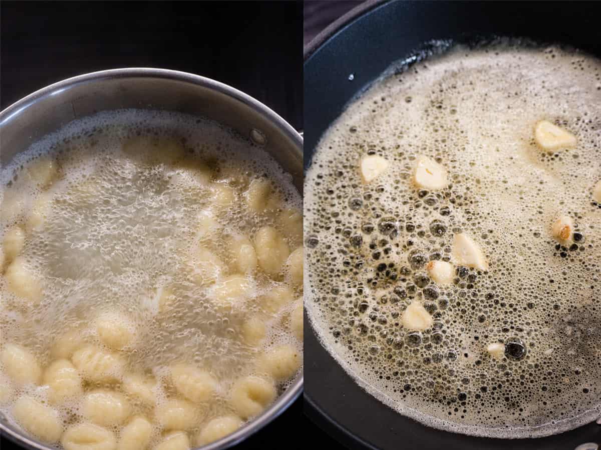 Boiling gnocchi before being pan fried.