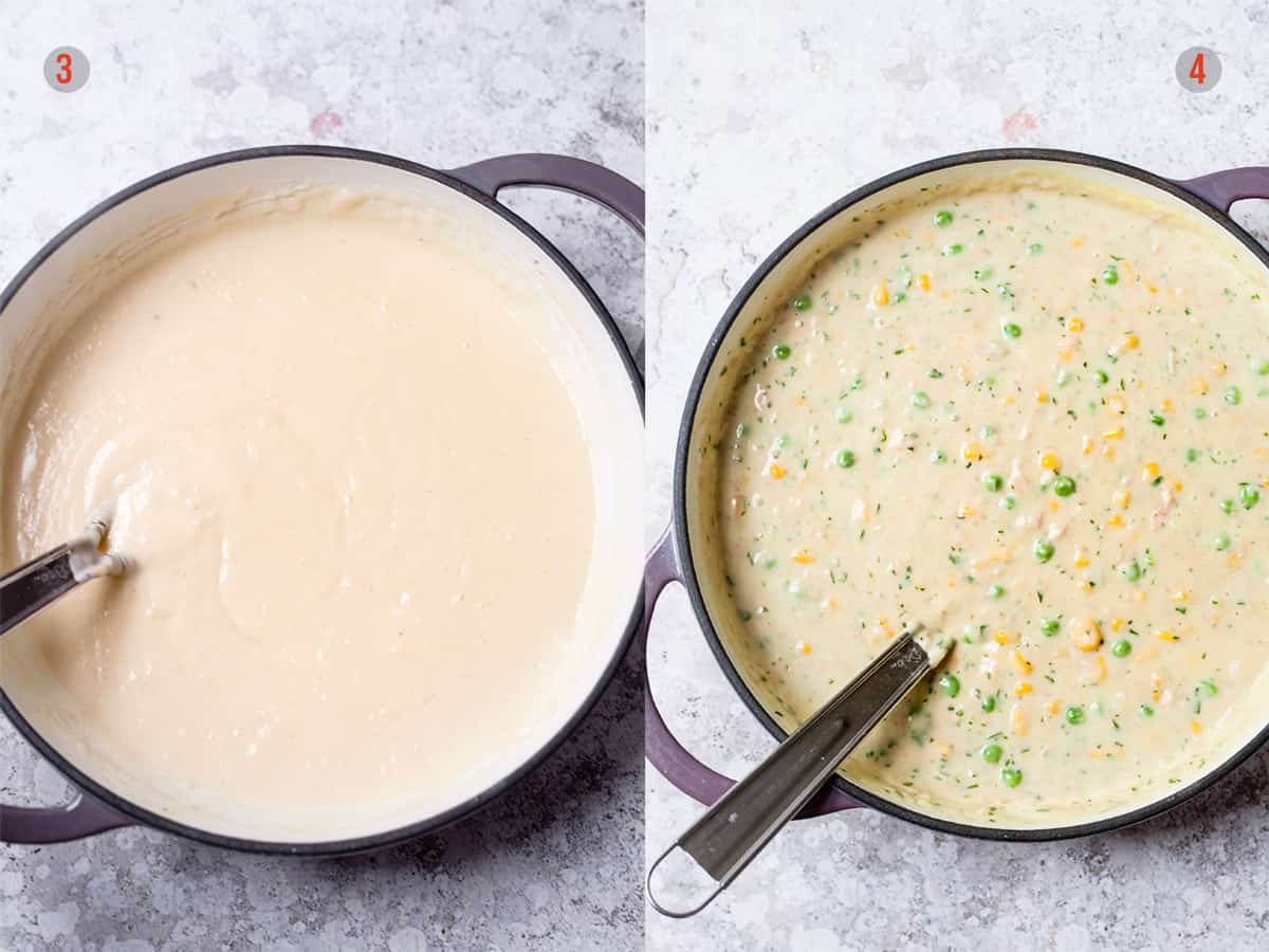 Mornay sauce with vegetables in a casserole dish.