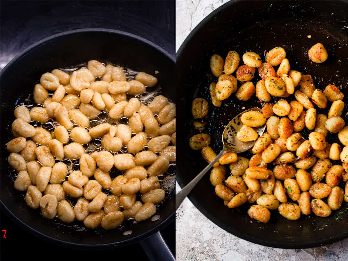 Gnocchi being pan fried with some olive oil and parmesan cheese.