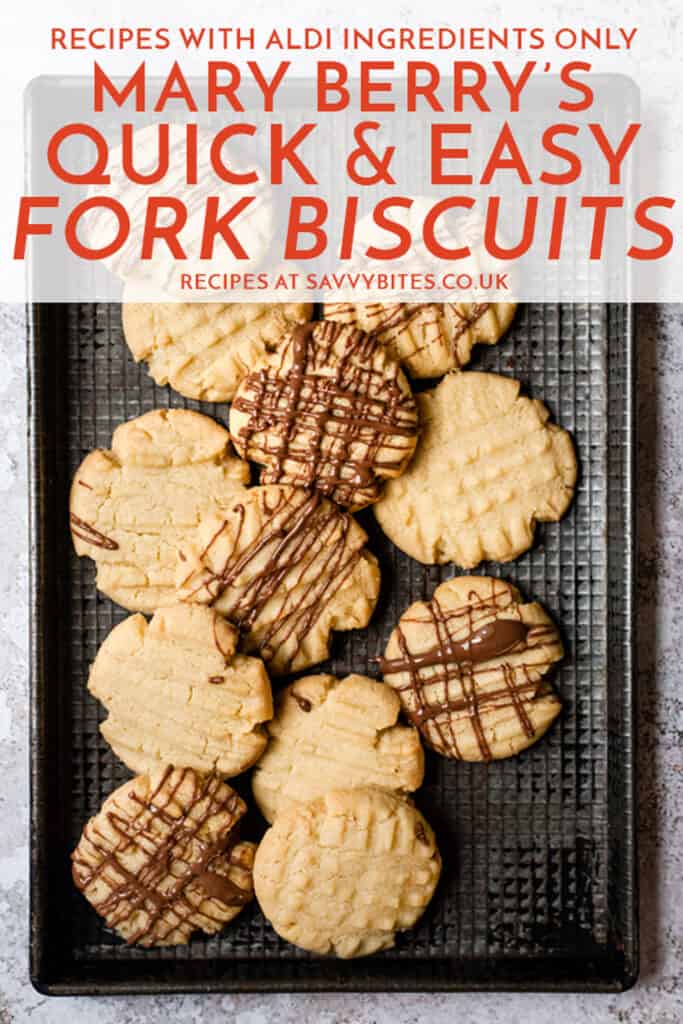 chocolate drizzled fork biscuits with text overlay.