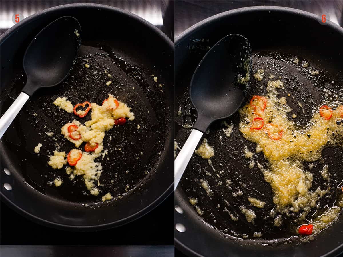 Garlic and ginger in a pan for making the honey chilli sauce.