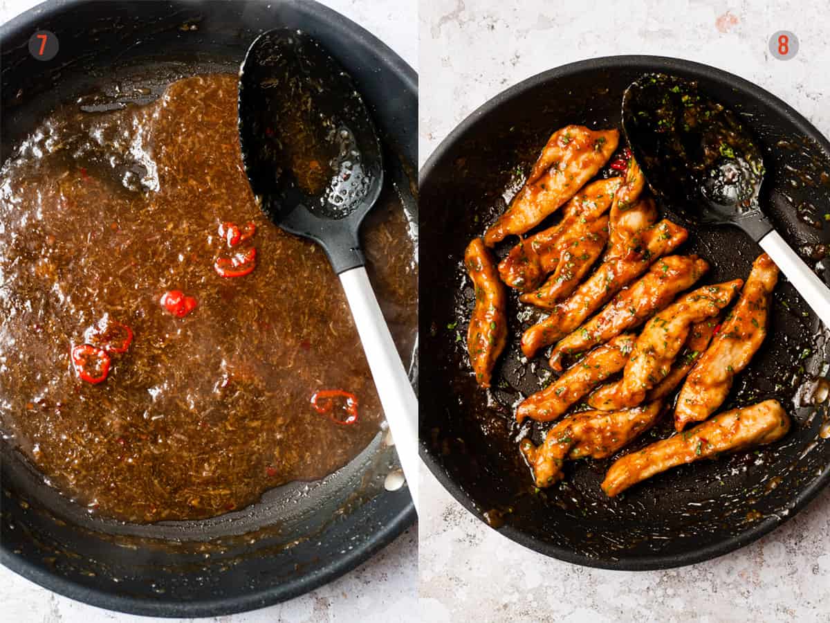 honey chilli sauce in a pan and some chicken in the sauce in a pan