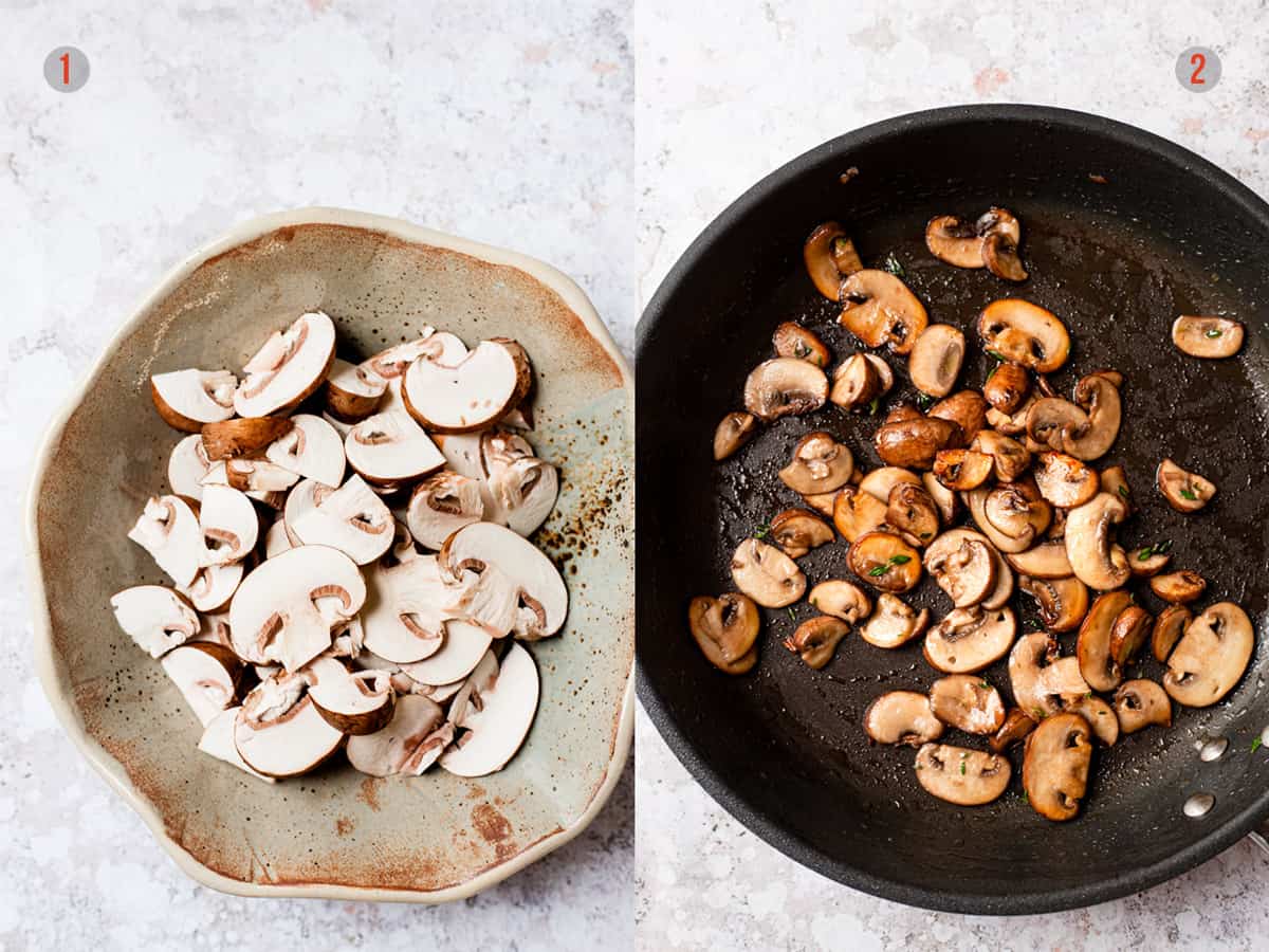 Fresh mushrooms sliced and pan-fried for mushroom pasta.
