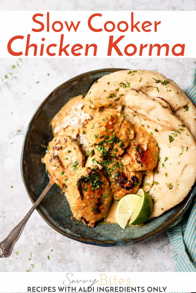 slow cooker chicken korma in a blue bowl with a fork with text overlay.