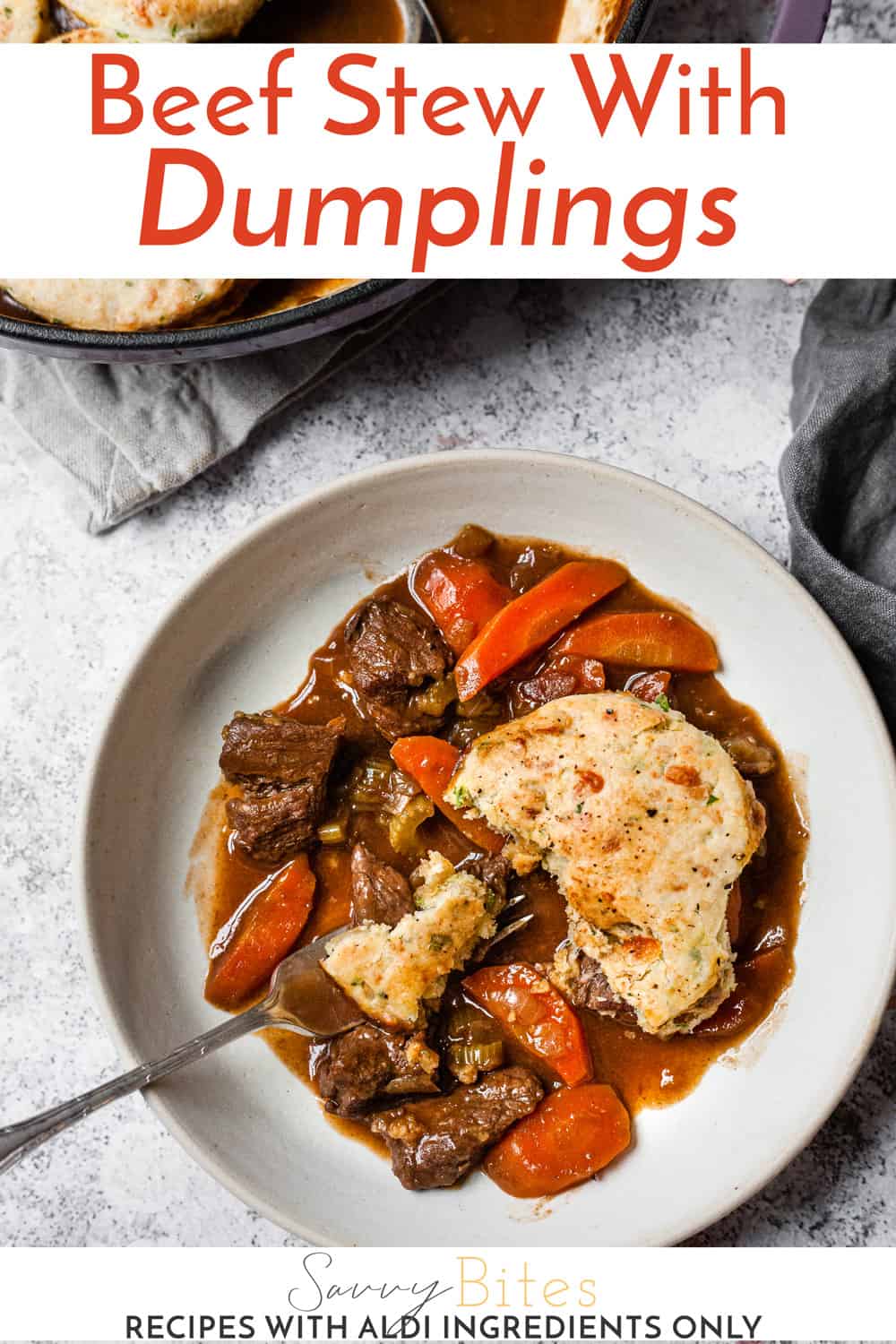 beef cobbler with cheddar scones in a casserole dish with text overlay.